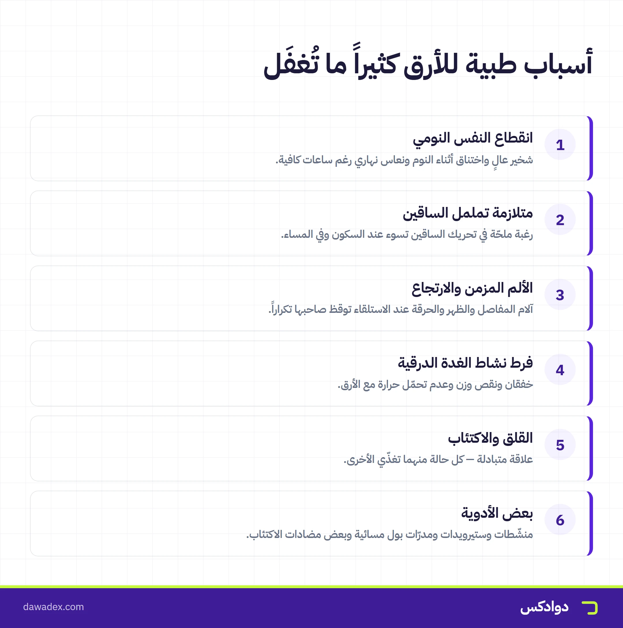 أسباب طبية للأرق كثيراً ما تُغفَل: انقطاع النفس النومي وتململ الساقين والألم المزمن وفرط نشاط الغدة والقلق وبعض الأدوية